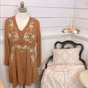 Bohme Boho Dress Embroidered V neck long sleeve Thanksgiving outfit Dress